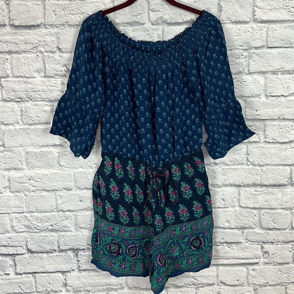 Anthropologie Kaleo Off The Shoulder Romper Navy Printed Pockets Size Xs View 4